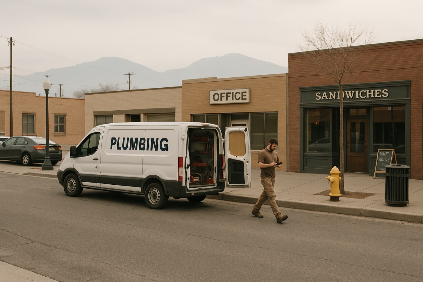 A plumber walking toward his van on a small-town commercial street, checking his phone, with mountains in the background